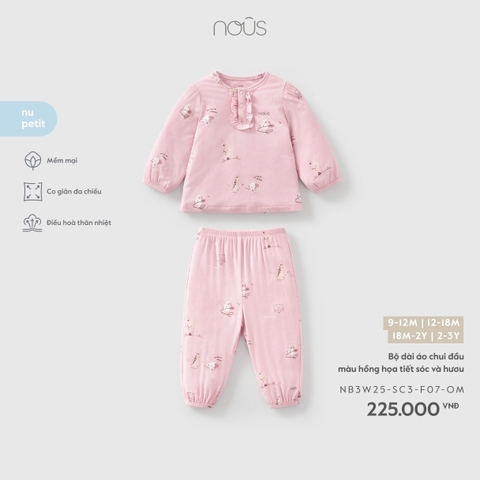 (9M-2Y) NOUS - Bộ dài áo chui đầu màu hồng họa tiết sóc và hươu - 12-18M