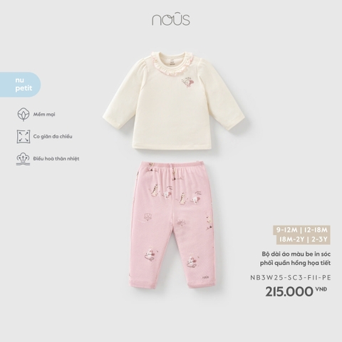 (9M-2Y) NOUS - Bộ dài áo màu be in sóc phối quần hồng họa tiết - 2-3Y