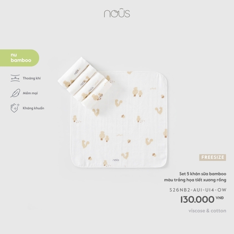 (FS) NOUS - Set 5 khăn sữa bamboo màu trắng họa tiết xương rồng - FS