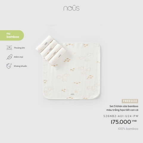 (FS) NOUS - Set 5 khăn sữa bamboo màu trắng họa tiết con cá - FS