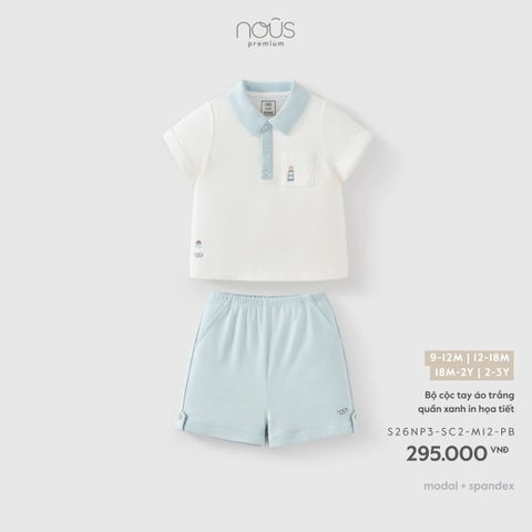 (9M-2Y) NOUS - Bộ cộc tay áo trắng quần xanh in họa tiết - 12-18M