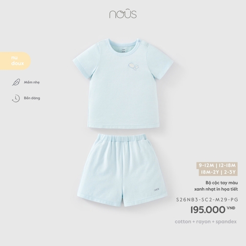 (9M-2Y) NOUS - Bộ cộc tay màu xanh nhạt in họa tiết - 9-12M