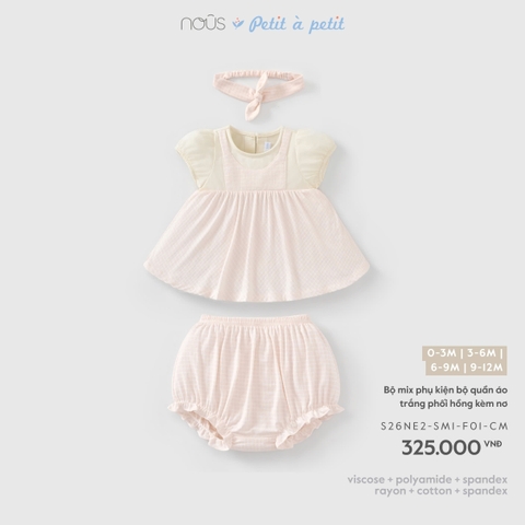 (0M-9M) NOUS - Bộ mix phụ kiện bộ quần áo trắng phối hồng kèm nơ - 9-12M