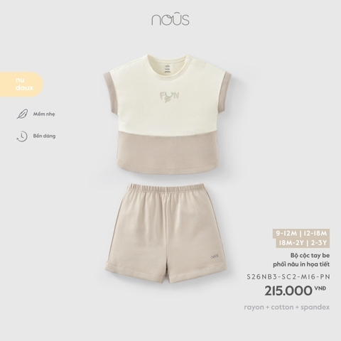 (9M-2Y) NOUS - Bộ cộc tay be phối nâu in họa tiết - 2-3Y