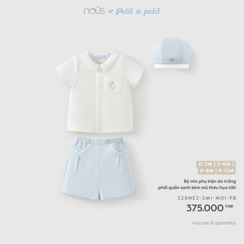 (0M-9M) NOUS - Bộ mix phụ kiện áo trắng phối quần xanh kèm mũ thêu họa tiết - 3-6M