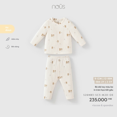 (9M-2Y) NOUS - Bộ dài tay màu be in tràn họa tiết gấu - 12-18M