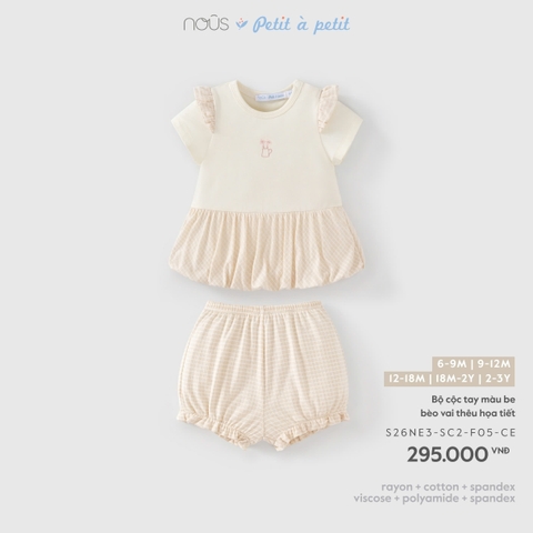 (6M-2Y) NOUS - Bộ cộc tay màu be bèo vai thêu họa tiết - 2-3Y