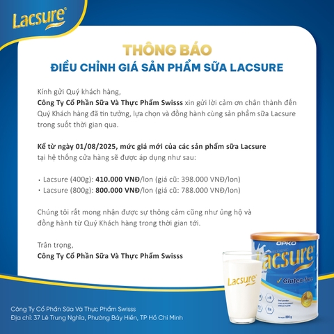THÔNG BÁO ĐIỀU CHỈNH GIÁ SẢN PHẨM SỮA LACSURE TỪ NGÀY 01.08.2025
