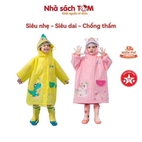 Áo mưa trẻ em chống nước cao cấp có khoá kéo, Nhà sách Tom, áo mưa cho bé thiết kế đeo balo được
