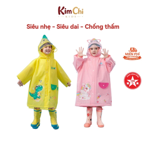 Áo mưa trẻ em chống nước cao cấp có khoá kéo, KimChi Kids, áo mưa cho bé thiết kế đeo balo được AOMUA