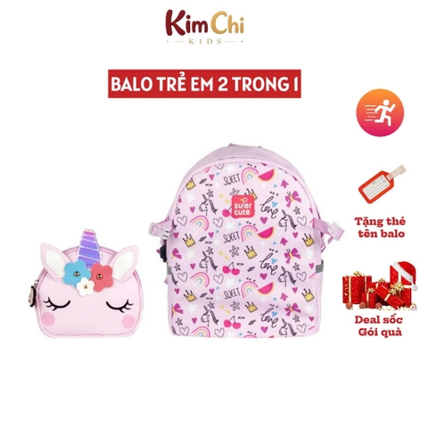 Balo mẫu giáo Supercute 2 trong 1 kết hợp túi đeo chéo ngộ nghĩnh cho bé, balo mầm non siêu nhẹ, chống nước, kiểu dáng đáng yêu  SF157