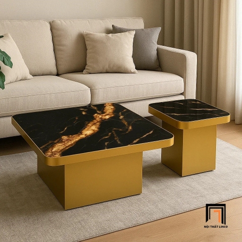C1 Cặp 2 bàn sofa mặt kính giả đá BTPK24 Perros khung sắt vuông