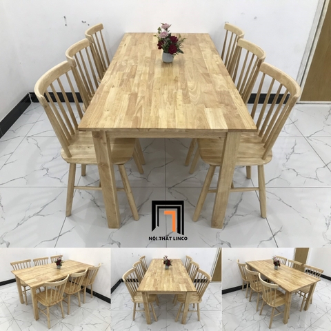F1 Bàn ăn 6 ghế 7 nan màu gỗ 2-KH6-G18-B108-go 1m6 cho phòng bếp