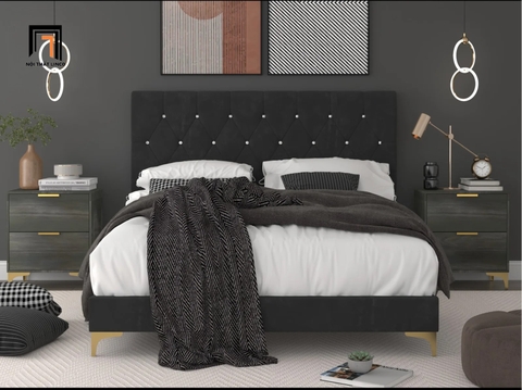 Giường ngủ màu đen vải nhung GN20 Ossabaw đính nút sang trọng