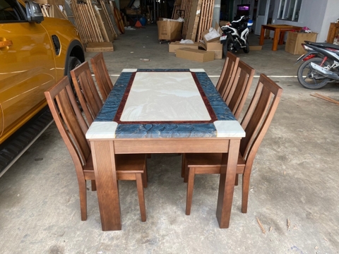 E3 Set bàn ăn gỗ mặt đá GF6-BAD6-G309-B353 dài 1m6 6 ghế giá rẻ