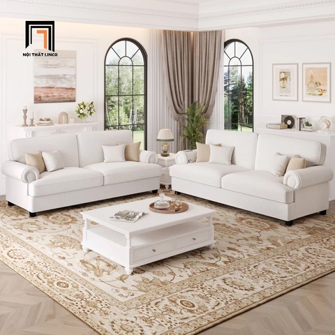 F2 Bộ 2 ghế sofa tay cong sang trọng KHQ157 Gouchi trắng kem vải nhung