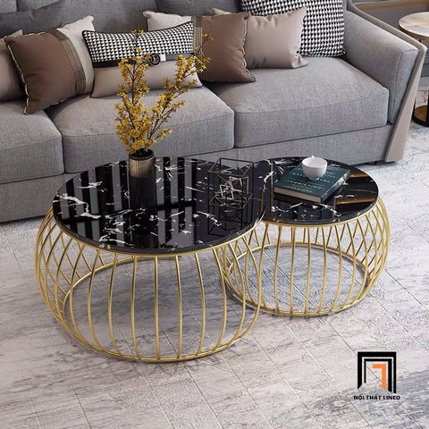 D4 Cặp 2 bàn sofa mặt đá đen BSF81 Lunn cho tiệm shop đẹp