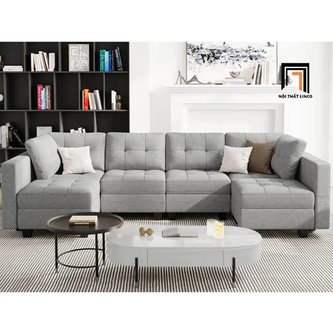J2 Bộ ghế sofa chữ U 3m UT12 Teangela xám trắng vải nỉ đẹp