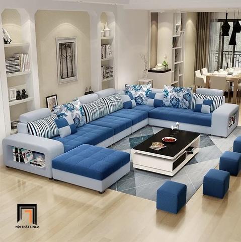 O2 Set ghế sofa chữ U hiện đại UT5 Nevan 3m6 xanh dương vải nỉ