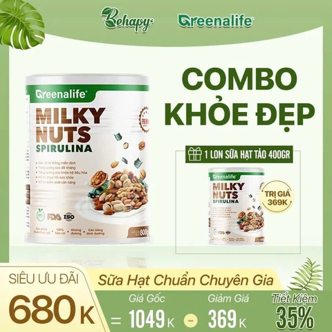 Combo 13-Mua 1 Milky Nuts Spirulina (Lon 800 gram) Tặng Milky Nuts Spirulina (Lon 400 gram) 369k