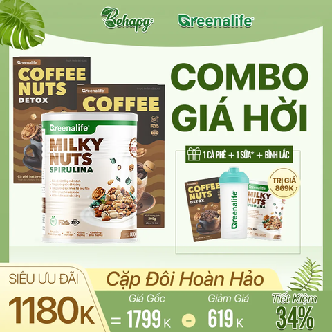 Combo 17- Mua 1 Milky Nuts Spirulina (Lon 800 gram) + 2 hộp Coffee Nuts Detox (10 gói 20gr) Tặng Milky Nuts Spirulina (Lon 400 gram) 369k+ 1 hộp coffee Nuts Detox 250k + 1 bình lắc Greenalife