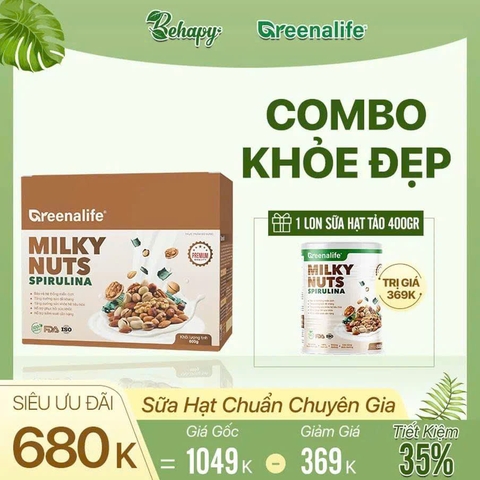 Combo 16- Mua 1 Milky Nuts Spirulina (Hộp Carton 20 gói x 30 gram) Tặng Milky Nuts Spirulina (Lon 400 gram) 369k