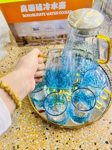 ộ 6 Cốc Thủy Tinh Kèm Bình Chịu Nhiệt Phong Cách Châu Âu Sang Trọng Màu Vàng/Xanh