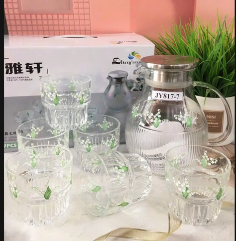 Bộ bình cốc kèm khay thủy tinh hàng đẹp có hộp