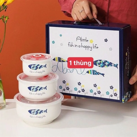 Bộ 3 Bát Sứ Nắp Hít Chân Không Cá (THÙNG 20B)