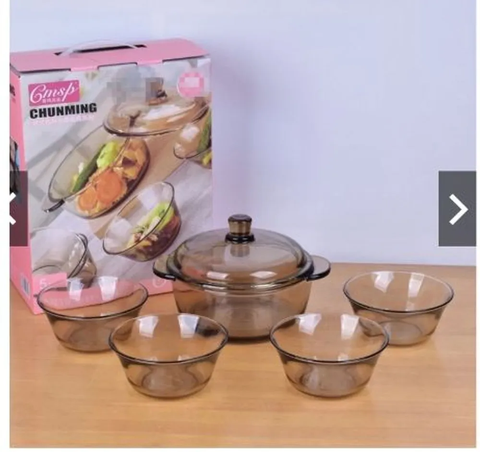 [ Kèm vỏ hộp đẹp ] COMBO BỘ 5 MÓN NỒI & 4 BÁT THUỶ TINH CHỊU NHIỆT- NỒI THUỶ TINH