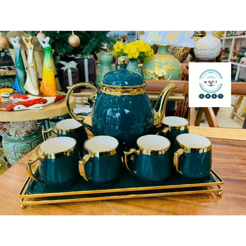 Bộ Bình Cốc Sứ Xanh Bộ 6 Ly + 1 Ấm + Tặng 1 Khay Sứ