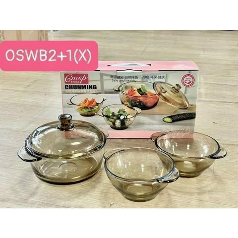 Bộ Bát Thuỷ Tinh Vàng 3 Món (1 Nồi 2 Bát) (THÙNG 10B)