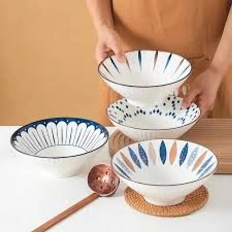 ô nón, tô sứ loe hoạ tiết hoa văn, tô hình nón hoạ tiết sọc xanh đơn giản xinh xắn, dễ thương.