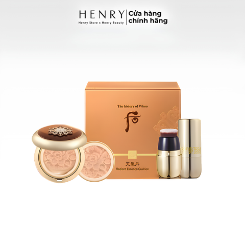 SET The History Of Whoo Radiant Essence Cushion 21 + Cọ – Phấn Nước Dưỡng Da Cao Cấp Cho Lớp Nền Căng Bóng Hoàn Hảo