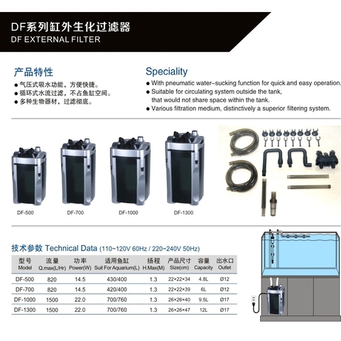 Máy Lọc Ngoài, Lọc Thùng ATMAN DF-500, DF-700, DF-1000, DF-1300 Kèm theo Vật Liệu Lọc
