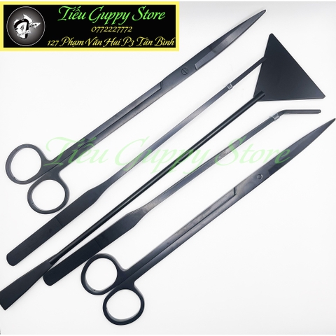 Bộ Dụng Cụ Nhíp Kéo Thủy Sinh Hợp Kim Màu Đen - Nhíp Cong - Kéo Cong - Cây San Nền