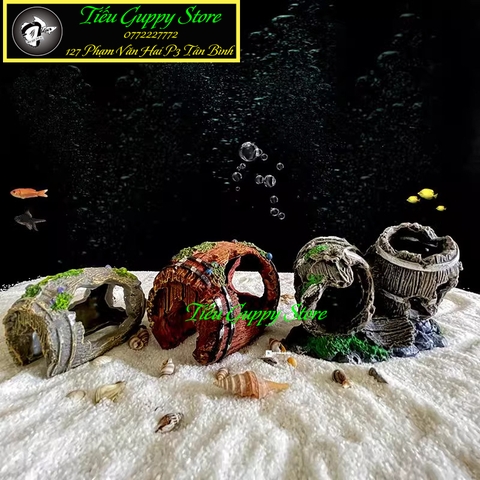 Mô Hình Thùng Gỗ Bể - Trang trí Hồ Cá, Tạo tiểu cảnh, Hang ẩn nấp, trú ẩn cho cá cảnh