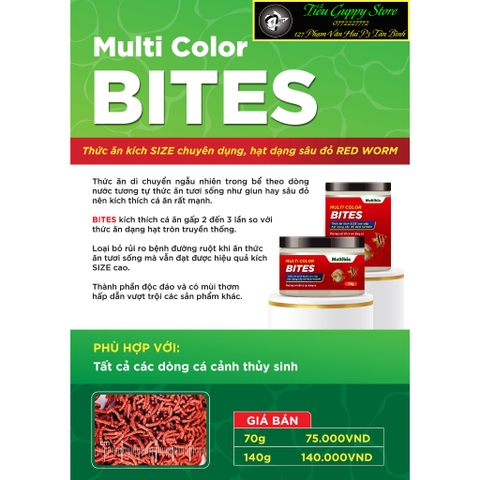 Cám Multibio Multi Color Bites | Thức Ăn Tăng Trọng Chuyên Dụng Cho Mọi Loại Cá, Hạt hình dạng Trùng huyết