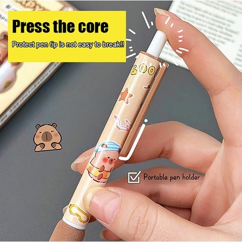 Hộp 4 bút bi bấm hoạ tiết Capybara dễ thương có đệm tay - Set 4 viết capybara mực gel màu đen cho học sinh, sinh viên