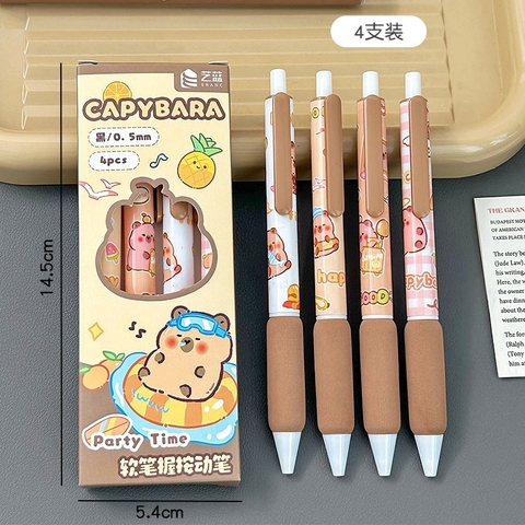Hộp 4 bút bi bấm hoạ tiết Capybara dễ thương có đệm tay - Set 4 viết capybara mực gel màu đen cho học sinh, sinh viên