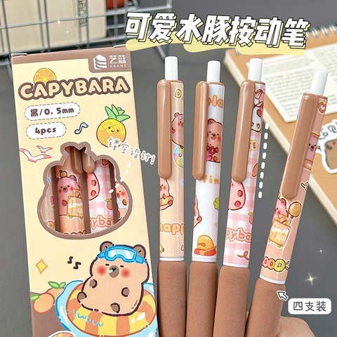 Hộp 4 bút bi bấm hoạ tiết Capybara dễ thương có đệm tay - Set 4 viết capybara mực gel màu đen cho học sinh, sinh viên