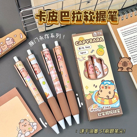 Hộp 4 bút bi bấm hoạ tiết Capybara dễ thương có đệm tay - Set 4 viết capybara mực gel màu đen cho học sinh, sinh viên