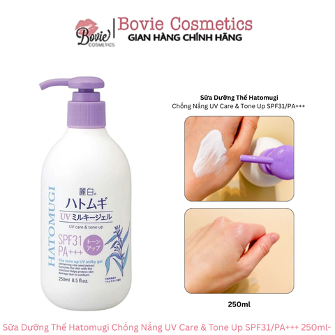 Sữa Dưỡng Thể Hatomugi Nâng Tông Da, Chống Nắng UV Care & Tone Up SPF31/PA+++ 250ml- Chai Tím