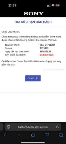 SEL-2470GM2 15/11/2026 fullbox thân vỏ đẹp, kính trầy nano