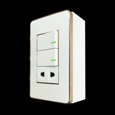 Bộ công tắc ổ cắm đơn 2 công tắc 1 ổ cắm 2 chấu và đế nổi đơn
