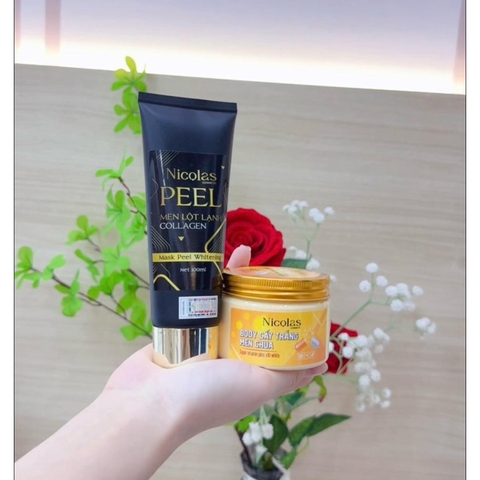 Combo Men Lột Lạnh Collagen Nicolas PEEL Và Kem Body Cấy Trắng Men Chua - HTHshop102