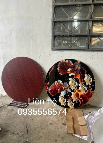 Bàn tròn inox mặt kính cường lực Cá  ba đuôi và Hoa (inox 304)
