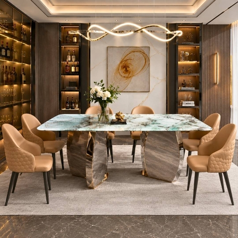 Bàn ăn Aurelia mặt đá thạch anh vi tinh thể xuyên sáng nhập khẩu.