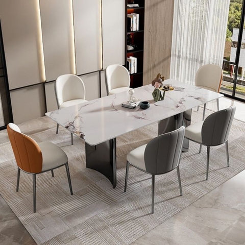 Bàn ăn Serena đá vi tinh thể chân inox Titan