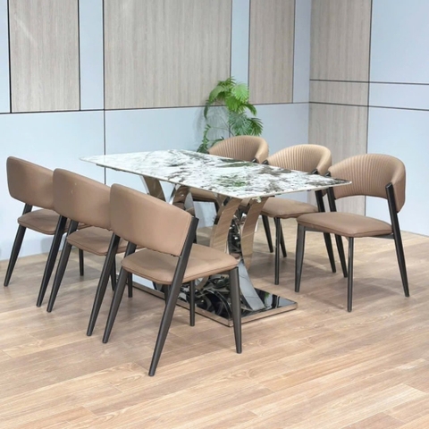 Bàn ăn Sophia mặt đá thạch anh vi tinh thể xuyên sáng với chân inox nghệ thuật cao cấp.